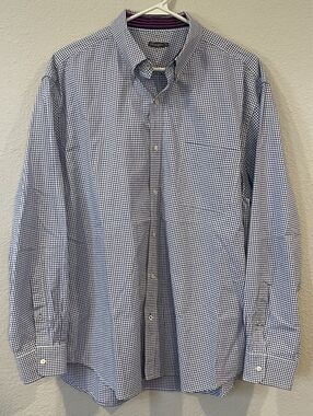 J. Mclaughlin Mens 100% Cotton Blue White Micro Gingham Plaid Long Sleeve Shirt